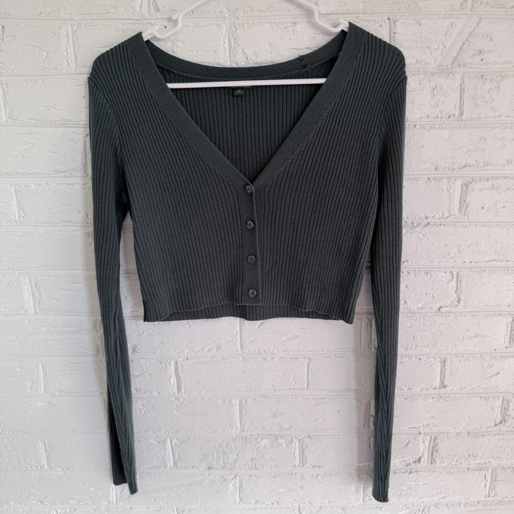 Wild‎ Fable Ribbed Long Sleeve Green Button Front Crop Cardigan top, size M